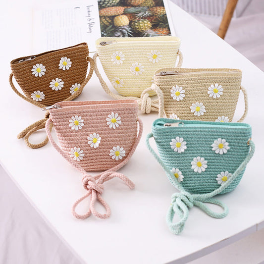 Girls Daisy Flower Decor Straw Crossbody Bag