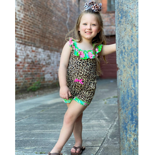 AnnLoren Girls Leopard Floral Summer Shorts Jumpsuit