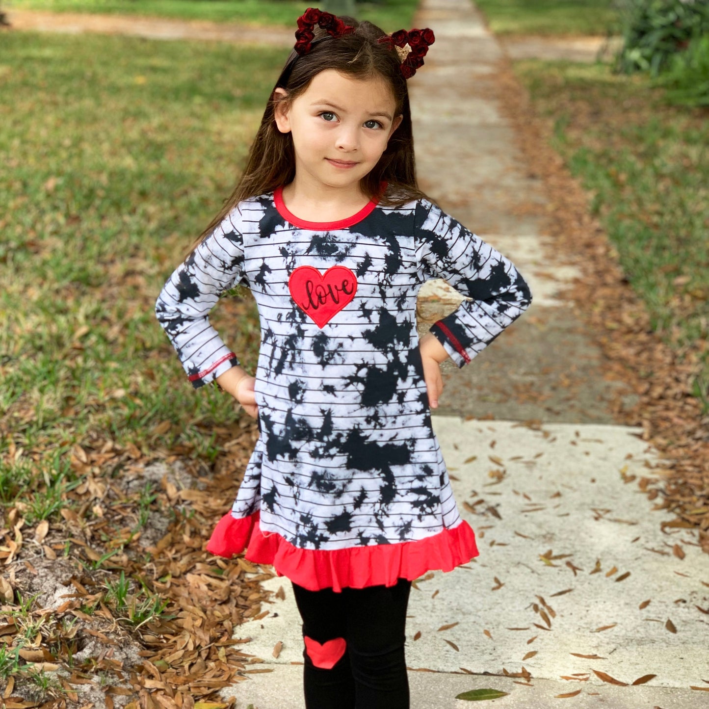 AnnLoren Girls Valentine's Day Heart Tie Dye Outfit Dress and Black