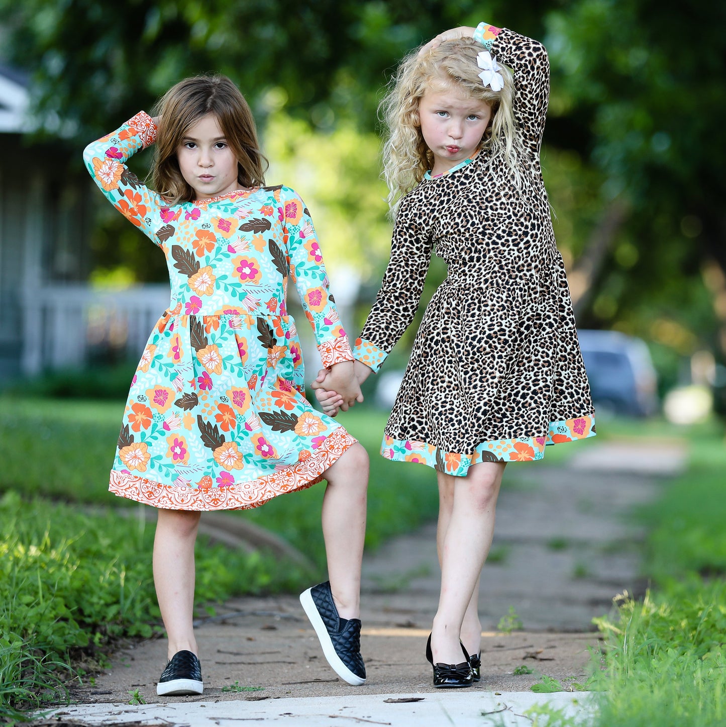 AnnLoren Little & Big Girls Long Sleeve Leopard Floral Dress