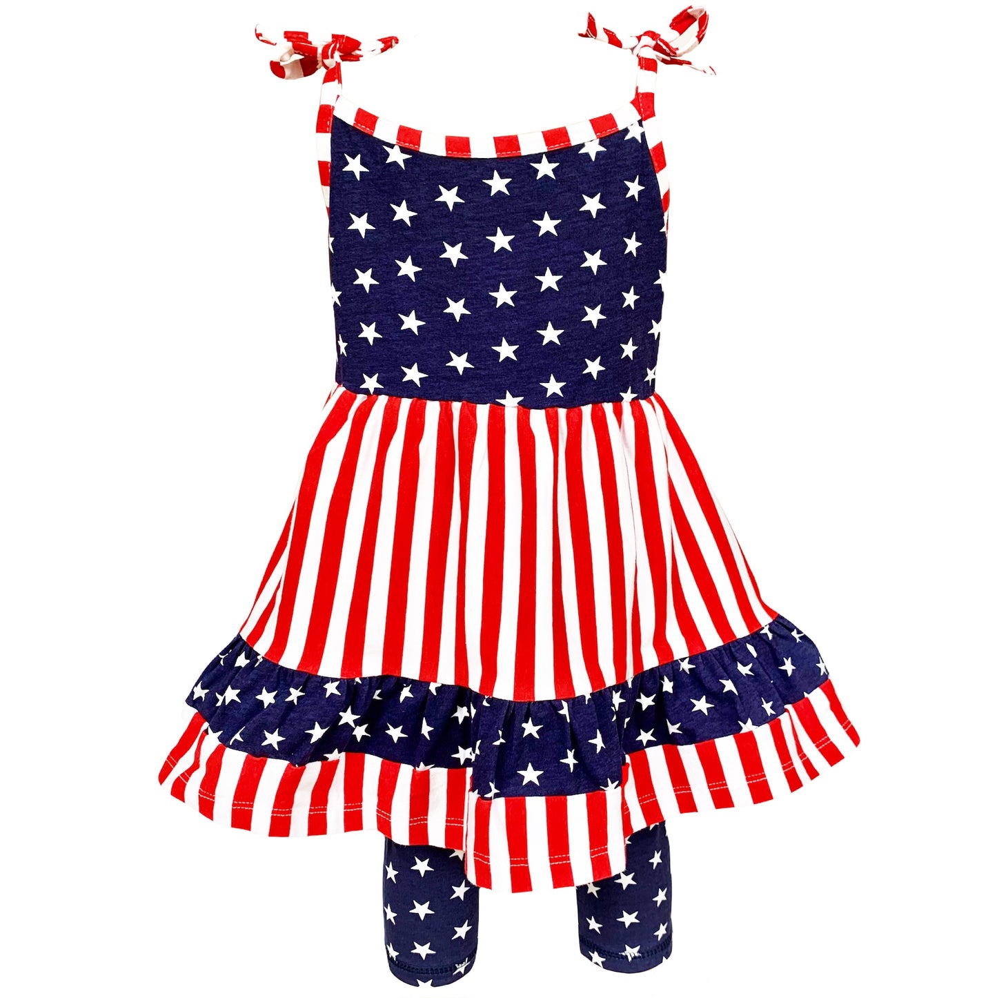 AnnLoren Girls 4th of July Stars & Striped Dress & Capri Leggings