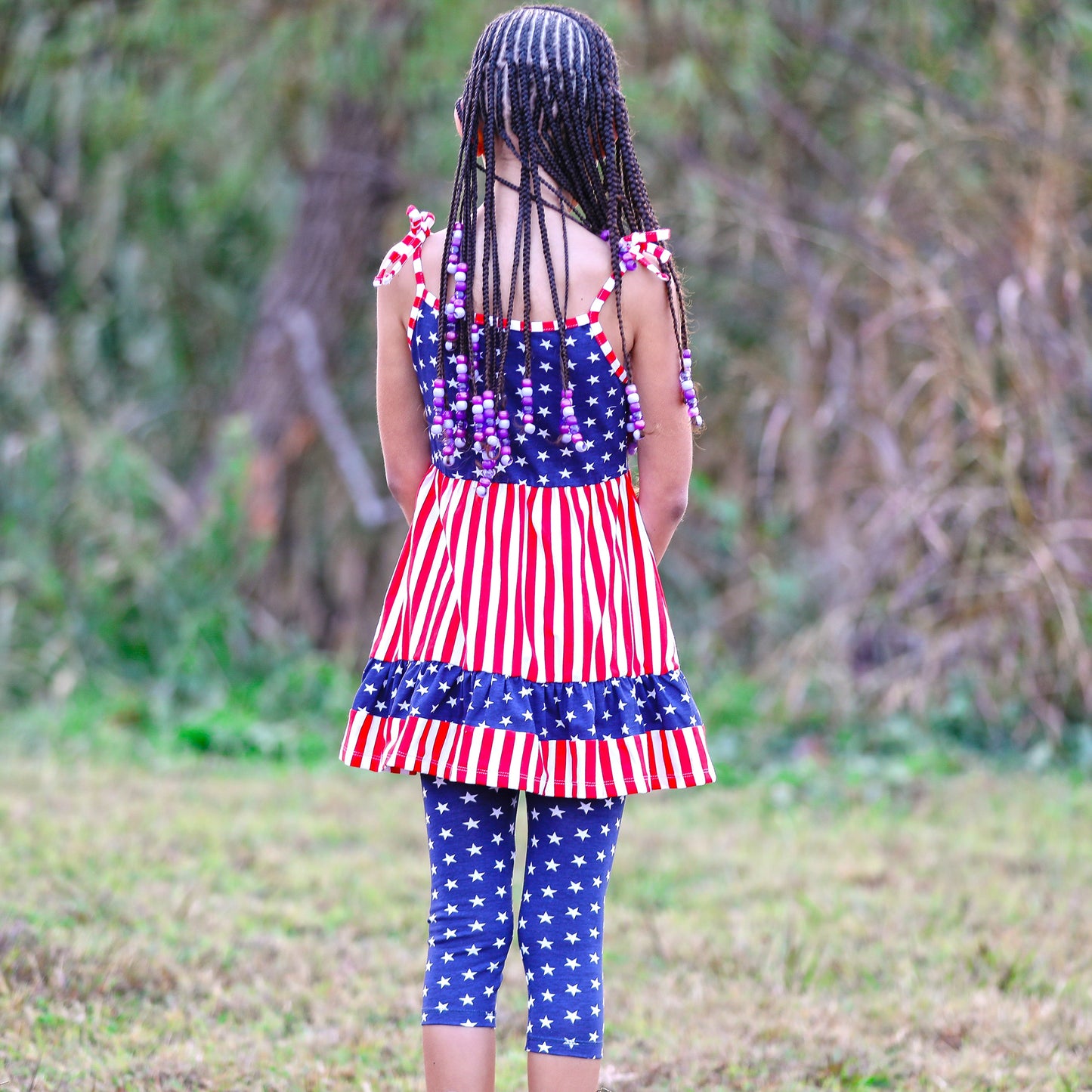 AnnLoren Girls 4th of July Stars & Striped Dress & Capri Leggings