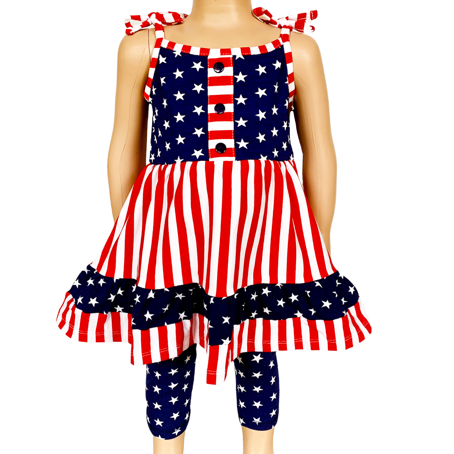 AnnLoren Girls 4th of July Stars & Striped Dress & Capri Leggings