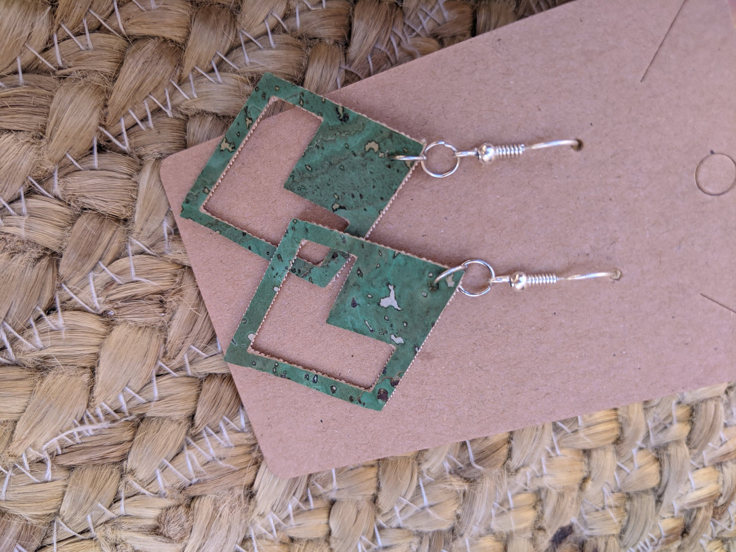 Handmade diamond shape green cork earrings