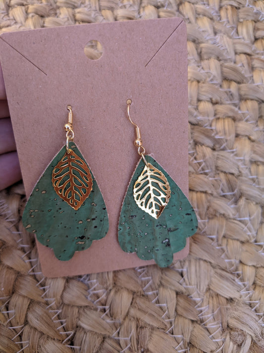 Handmade light green cork earrings with leaf filigree charm