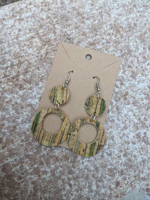 Handmade light green cork earrings with leaf filigree charm