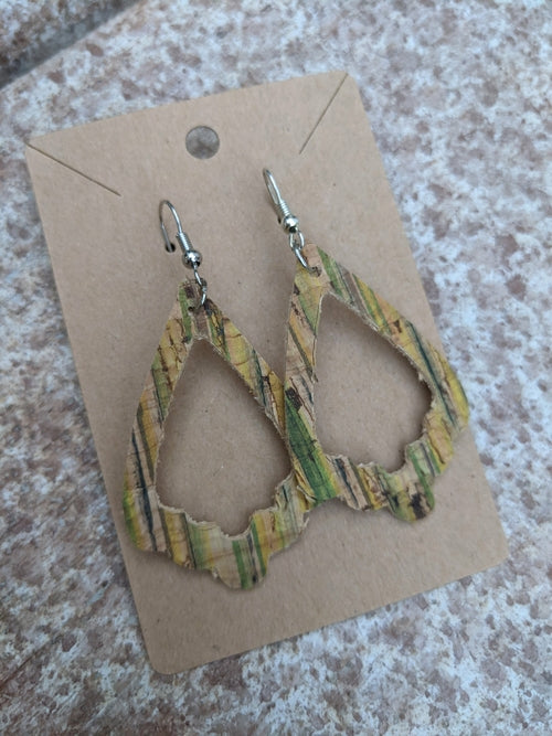 Handmade light green cork earrings with leaf filigree charm