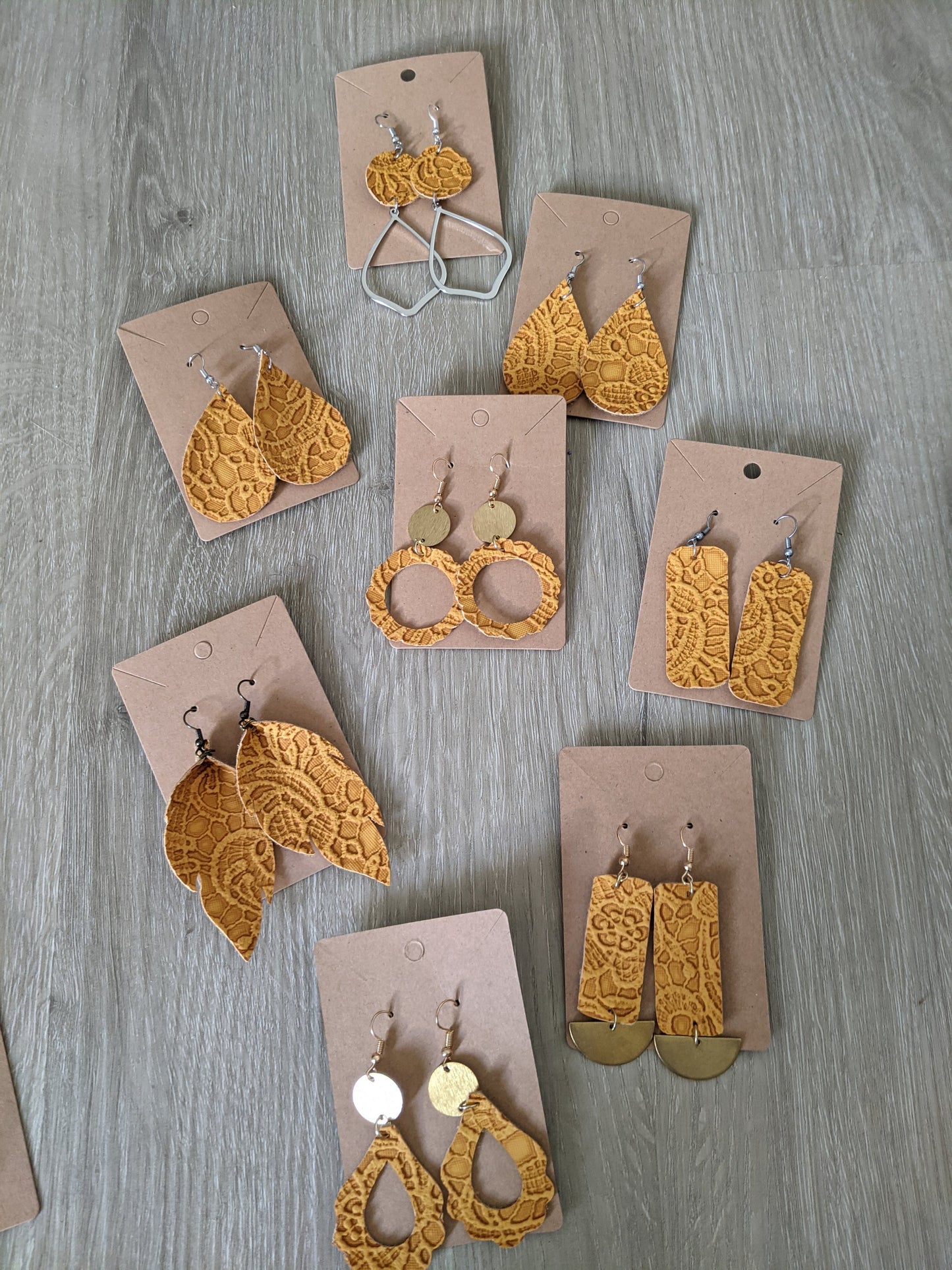 Handmde mustard lace like faux keather earrings