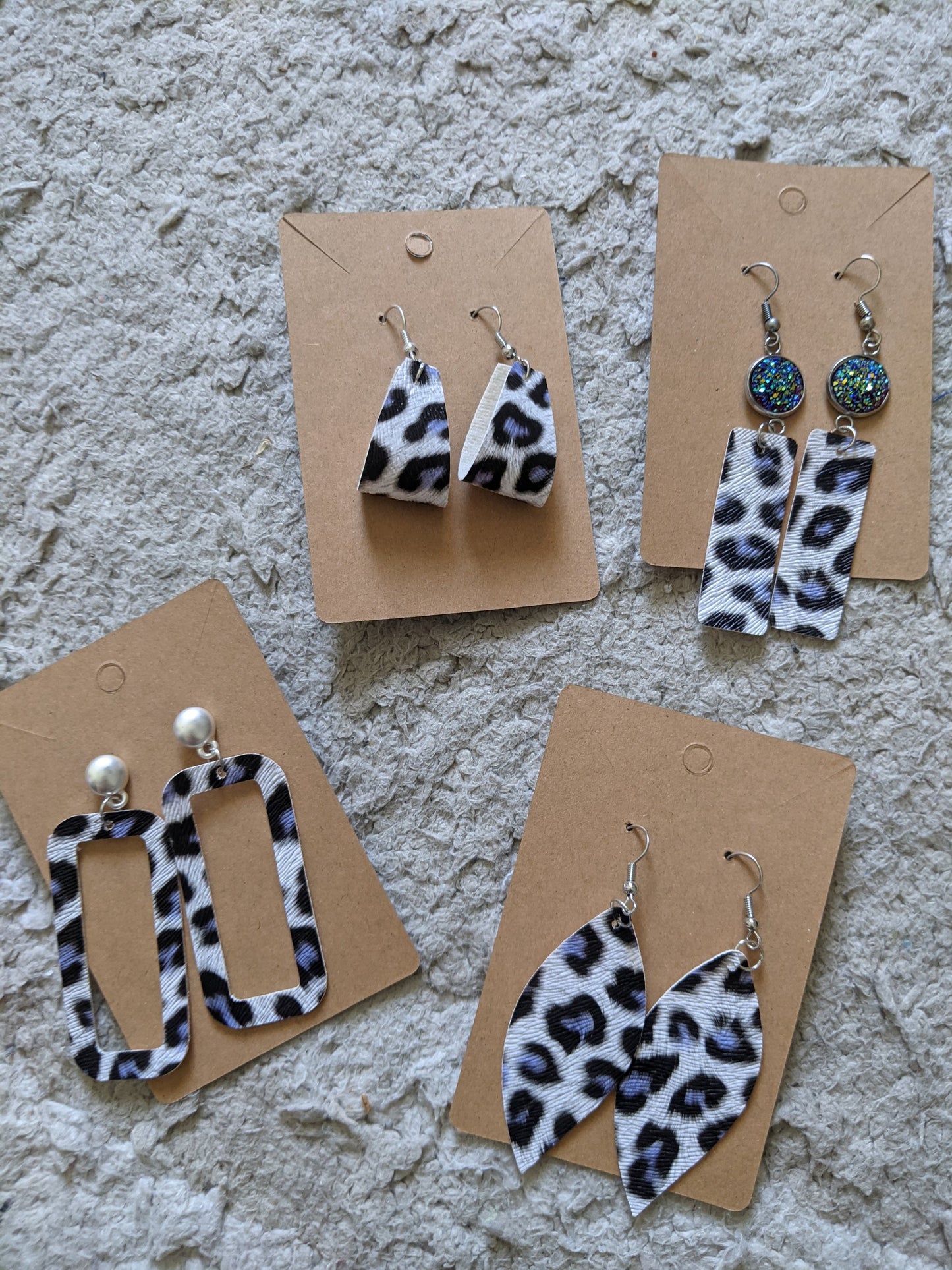 Handmade blue basket weave and blue leopard faux leather earrings