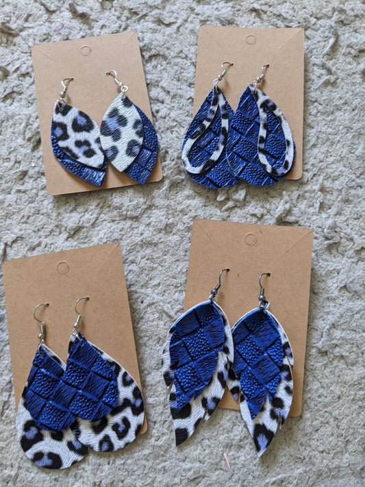 Handmade blue basket weave and blue leopard faux leather earrings