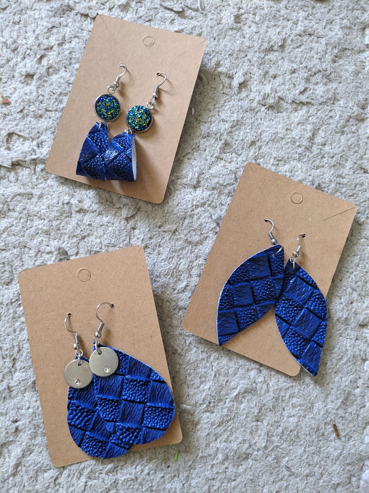 Handmade blue basketweave faux leather earrings