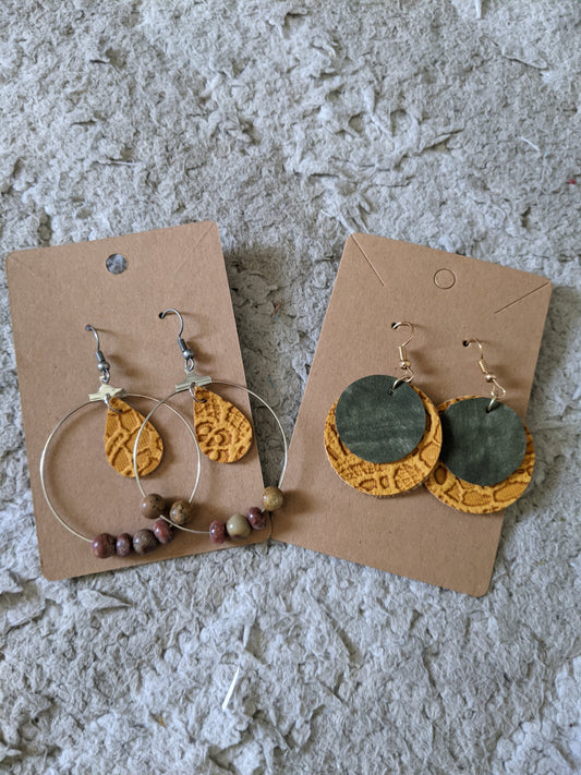 Handmde mustard lace like faux keather earrings