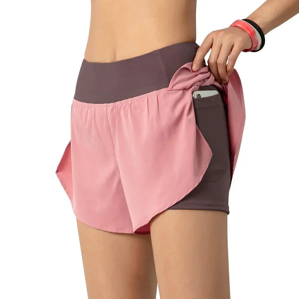 Women Running Shorts 2-in-1 with Pocket Wide Waistband Coverage Layer