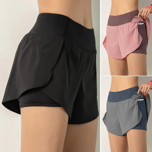 Women Running Shorts 2-in-1 with Pocket Wide Waistband Coverage Layer