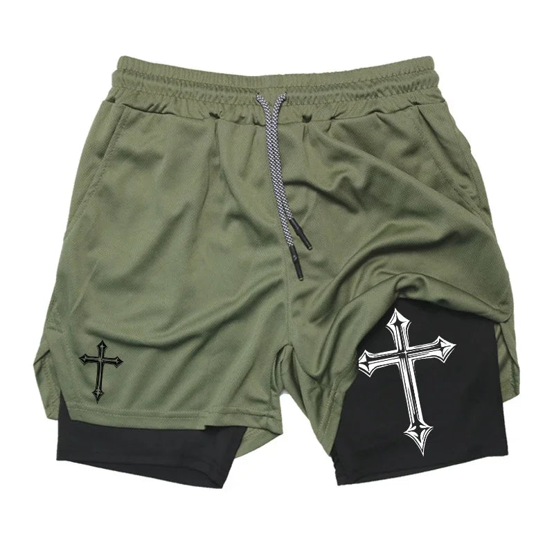 Cross Print 2 in 1 Workout Shorts (MENS SIZING)