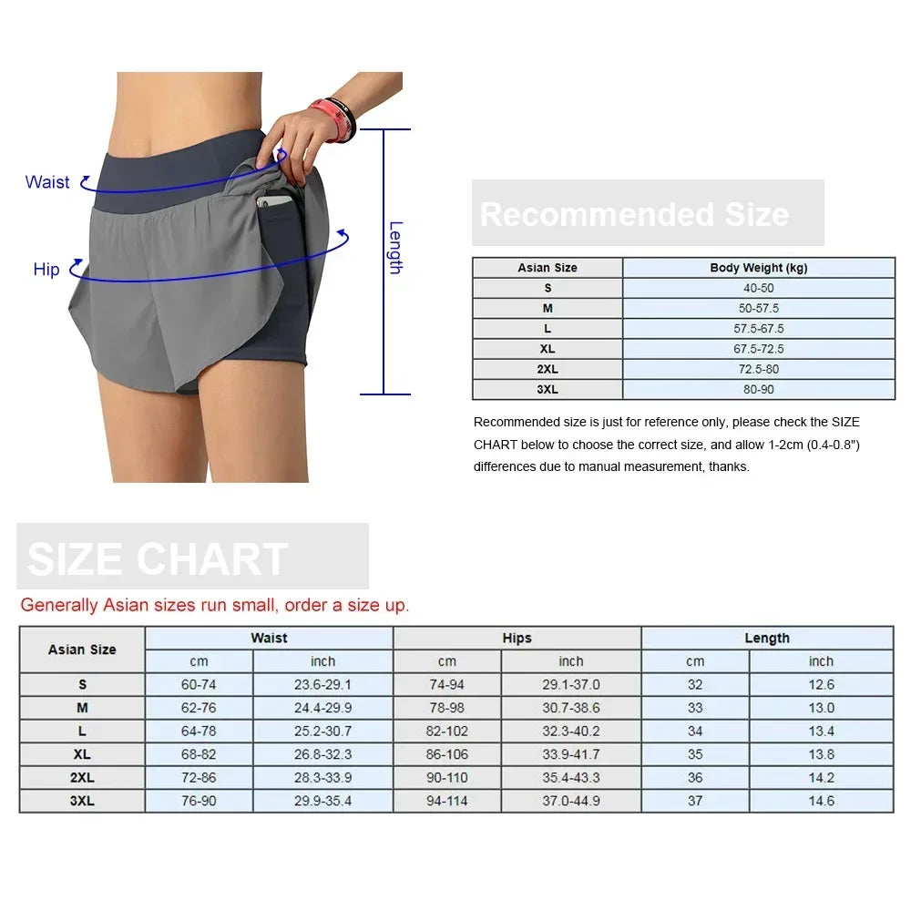 Women Running Shorts 2-in-1 with Pocket Wide Waistband Coverage Layer