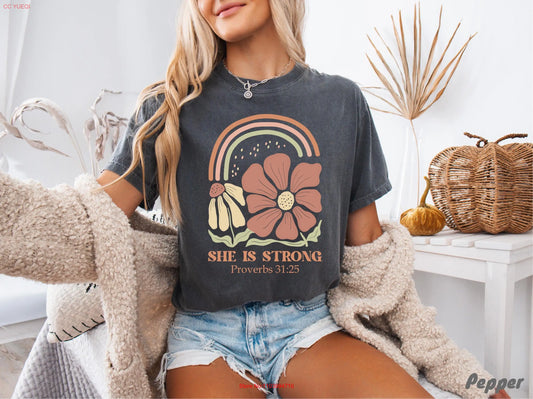 Proverbs 31 25 Boho She Is Strong T Shirt (PLEASE CHECK SIZING CHART)