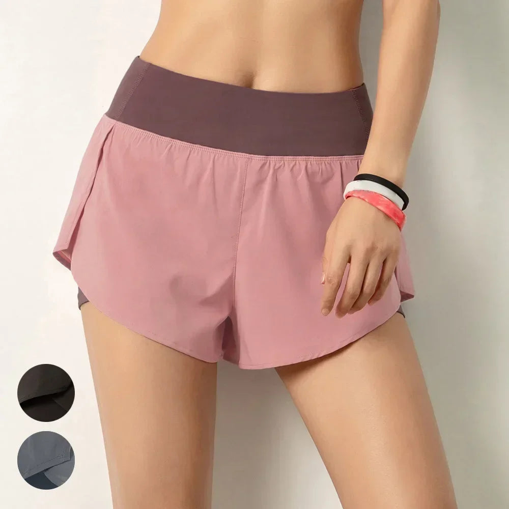 Women Running Shorts 2-in-1 with Pocket Wide Waistband Coverage Layer