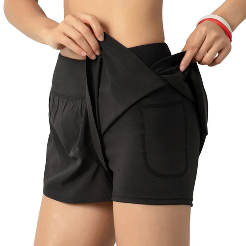 Women Running Shorts 2-in-1 with Pocket Wide Waistband Coverage Layer