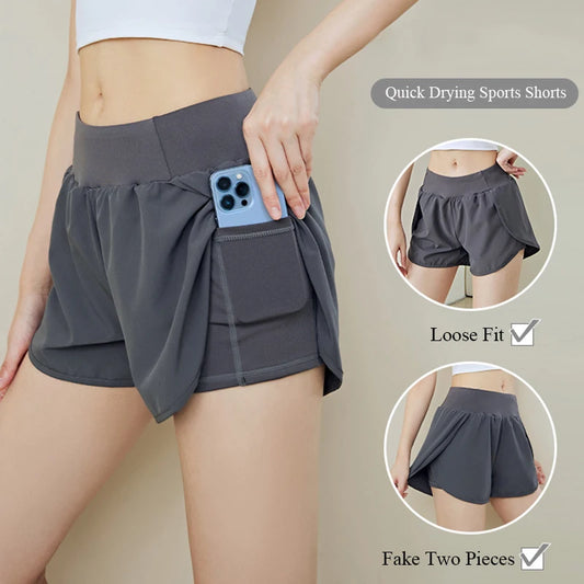 Fitness Pocket Sport Shorts Women High Waist Double Layered