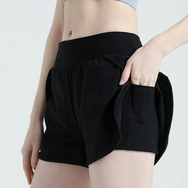 Fitness Pocket Sport Shorts Women High Waist Double Layered