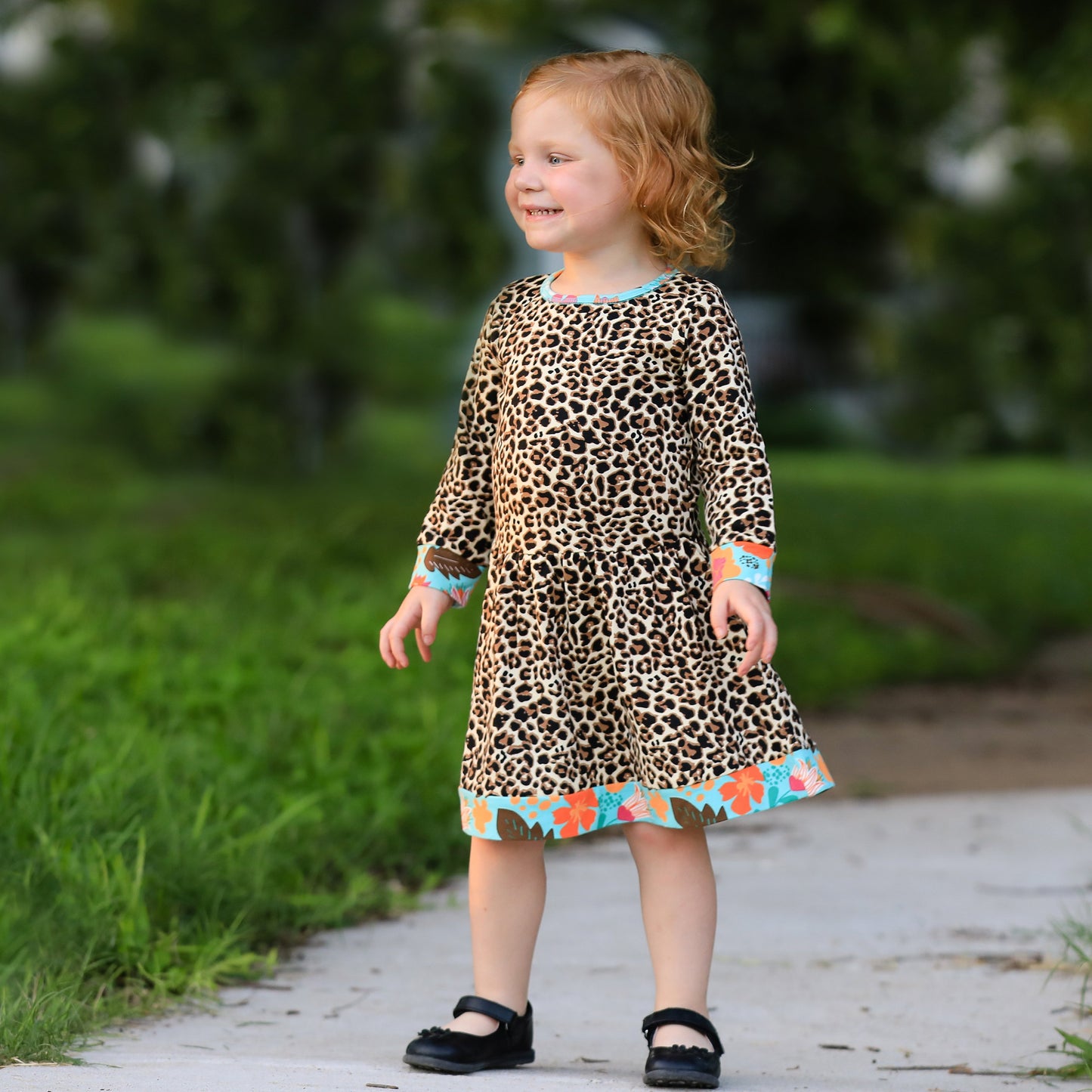 AnnLoren Little & Big Girls Long Sleeve Leopard Floral Dress