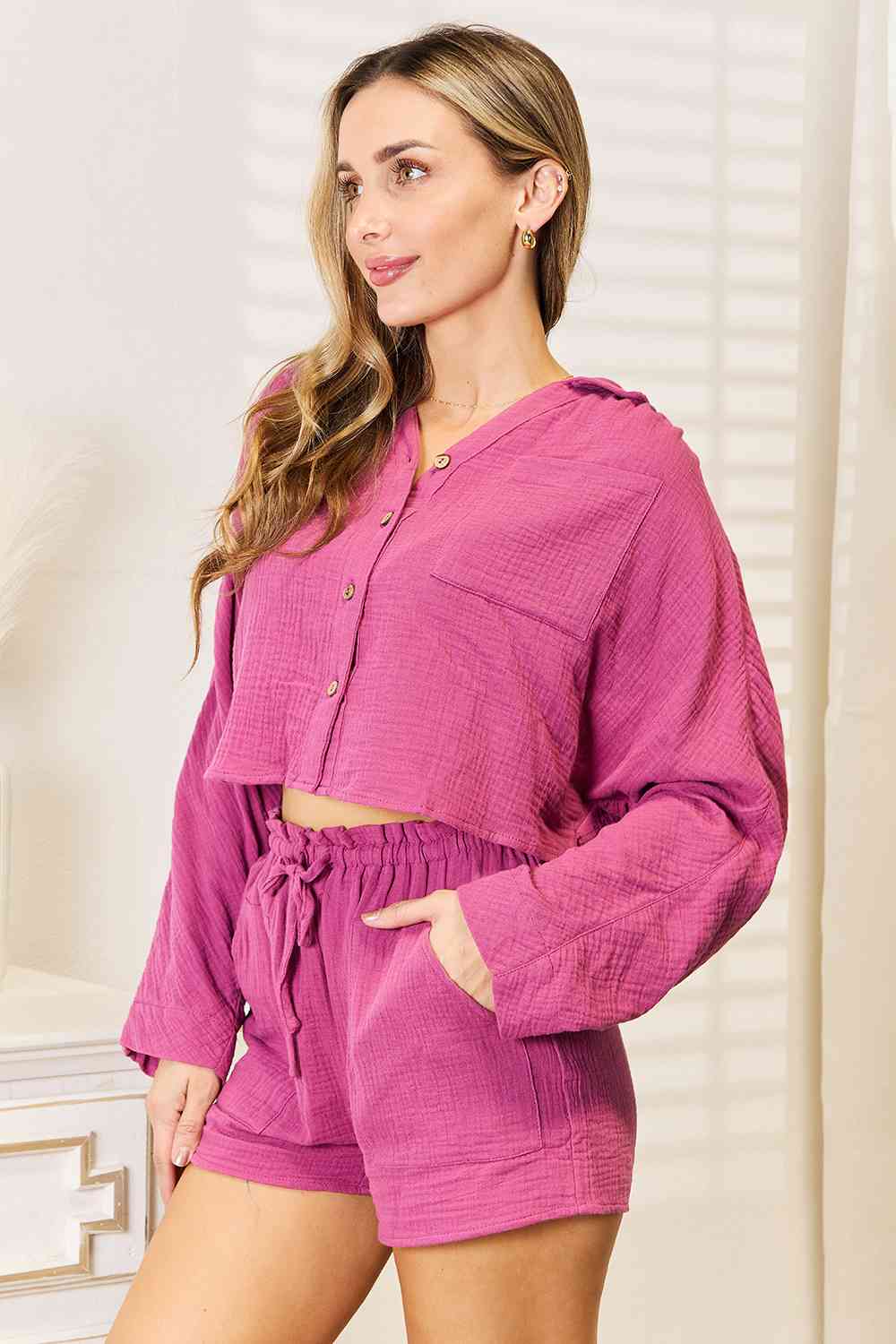 Buttoned Long Sleeve Top and Shorts Set