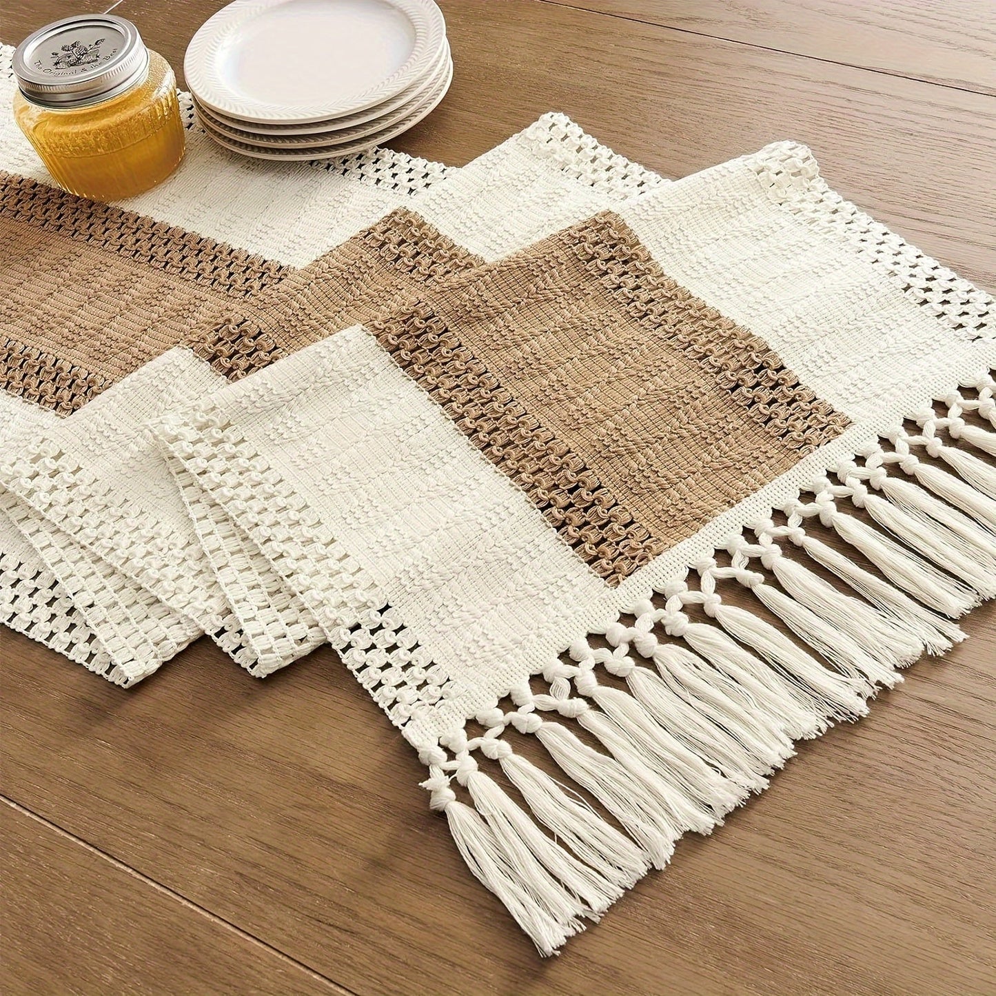 Bohemian Crochet Table Runner with Tassels  CreamBrown