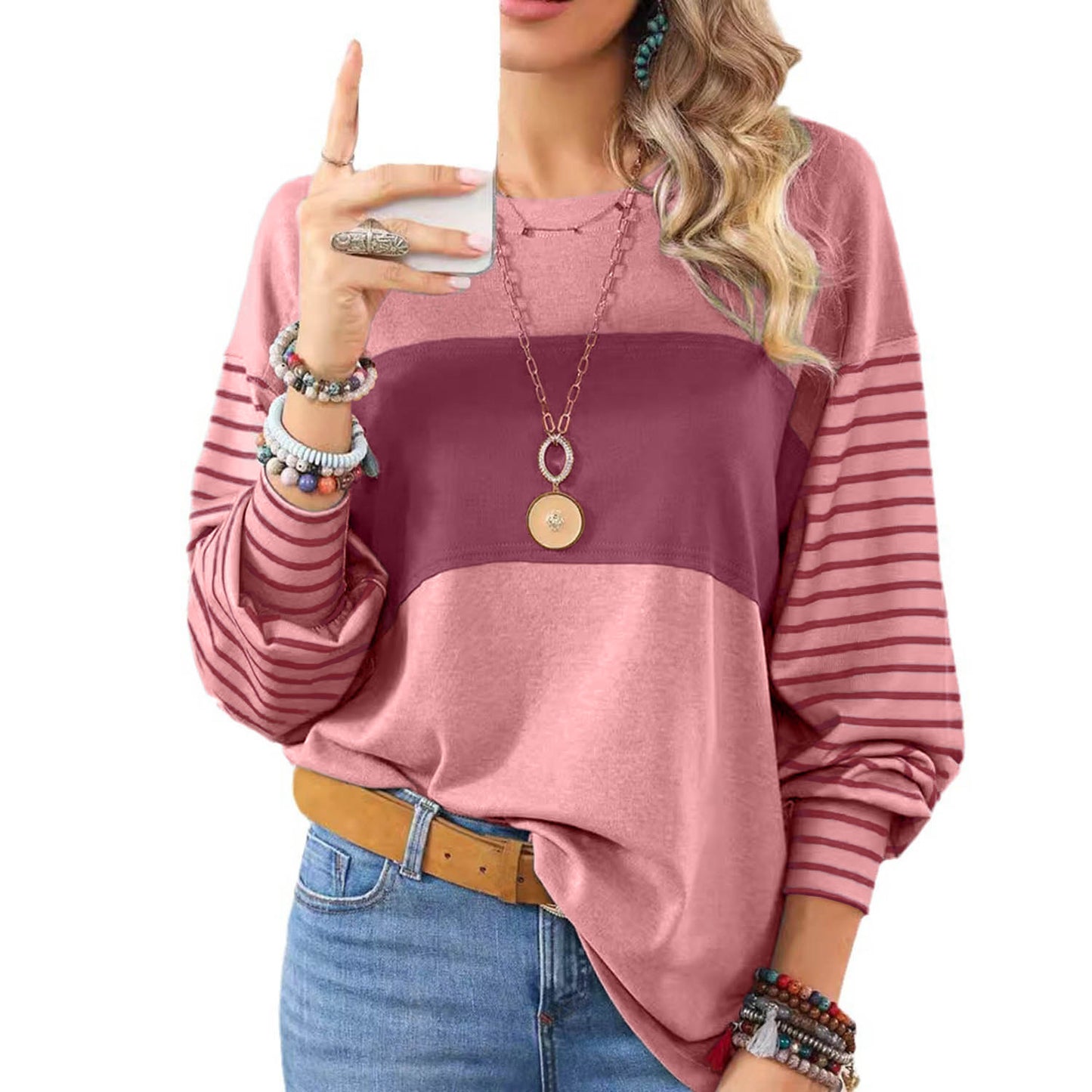 Womens Long Sleeve Pullover Tops Striped Basice T-shirt