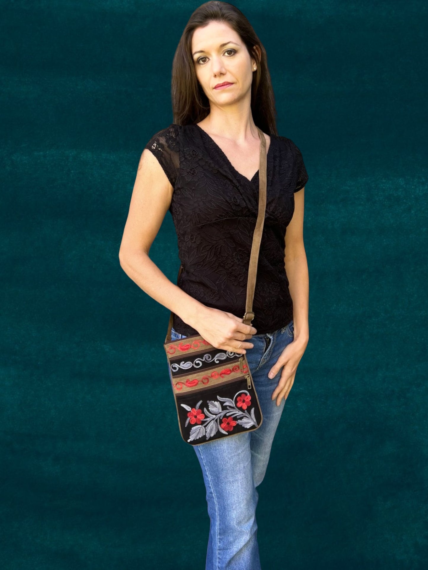 Black And Grey Suede Embroidered Crossbody Bag