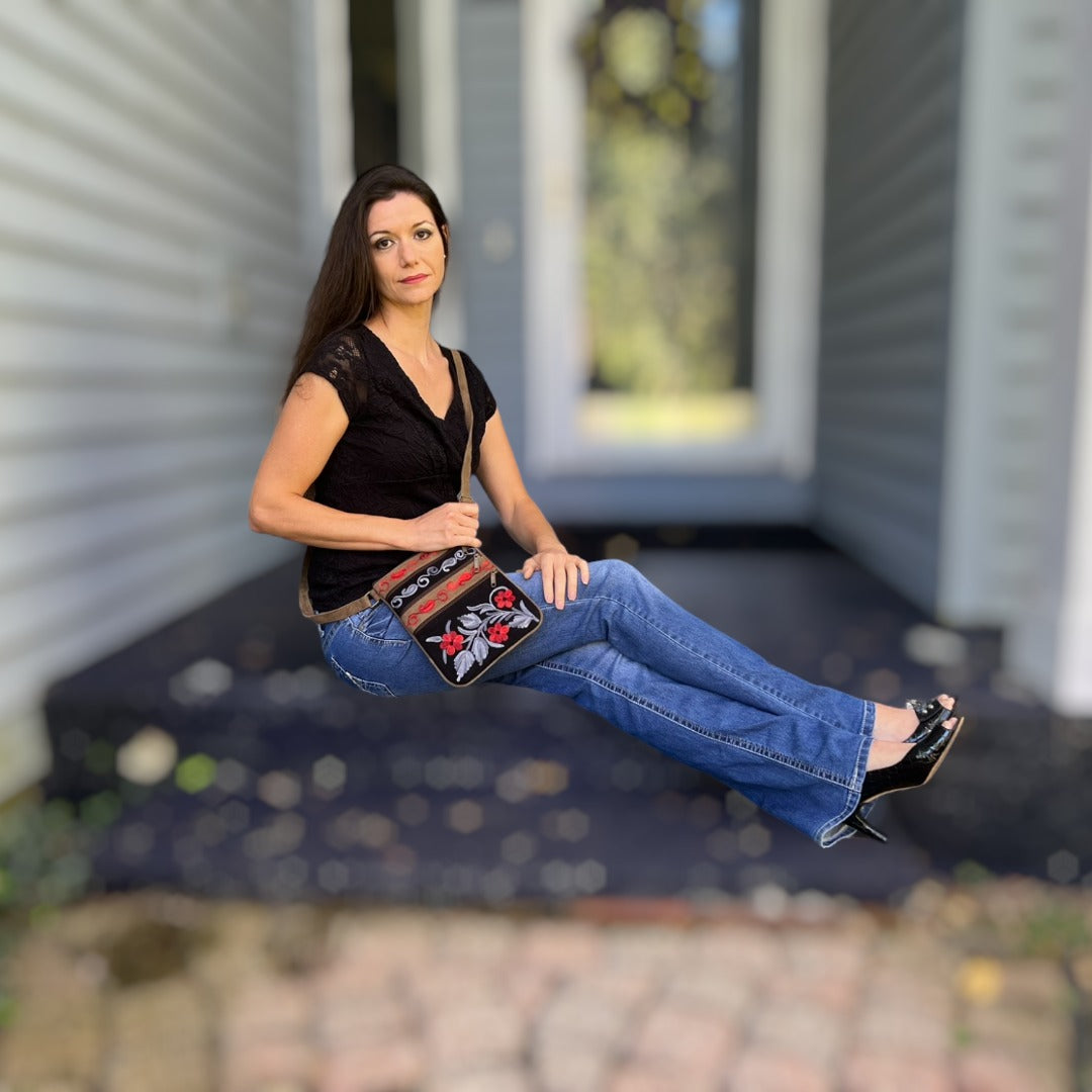 Black And Grey Suede Embroidered Crossbody Bag