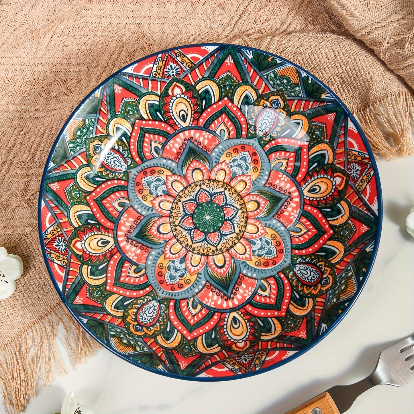 Bohemian Ceramic Dinner Plates Flower Design Microwave Safe