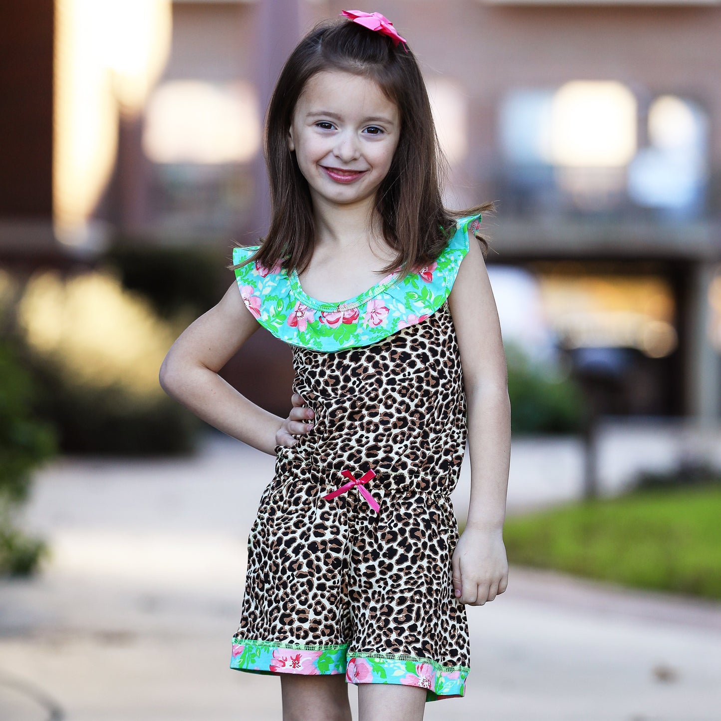 AnnLoren Girls Leopard Floral Summer Shorts Jumpsuit