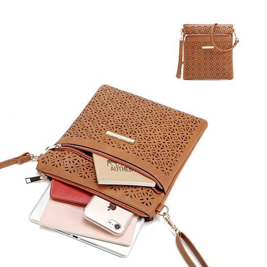 Classic Square Crossbody Bag with Floral Cutout Accent