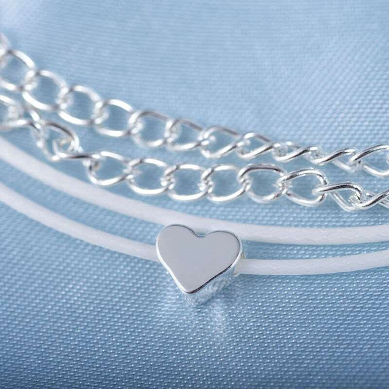 Bohemian Silver Heart Multi Chain Anklet Bracelet