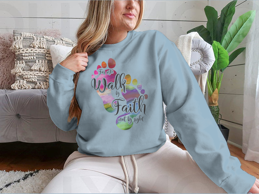 For We Walk By Faith Bible Verse Rainbow Color Feet Design for