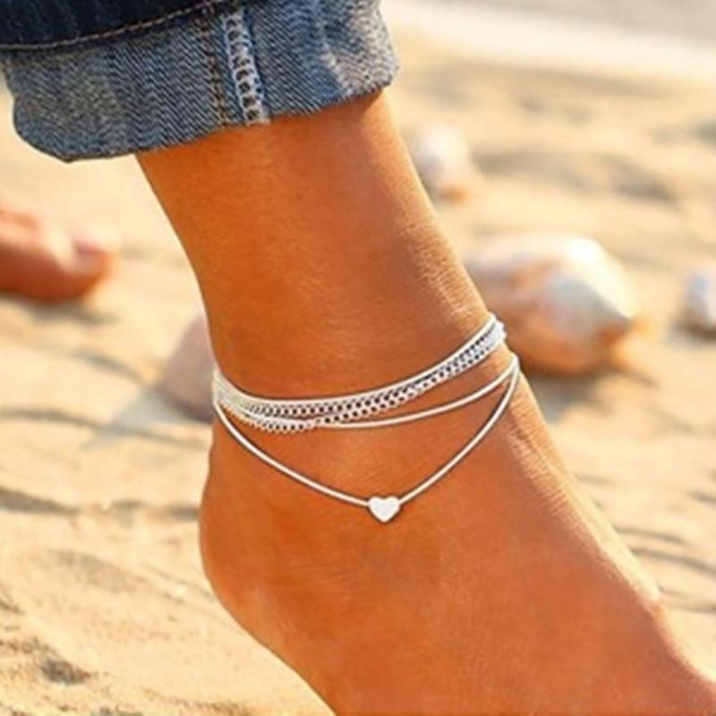 Bohemian Silver Heart Multi Chain Anklet Bracelet