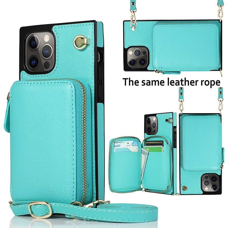 iPhone Zipper Wallet Case with Adjustable Crossbody Strap for iphone