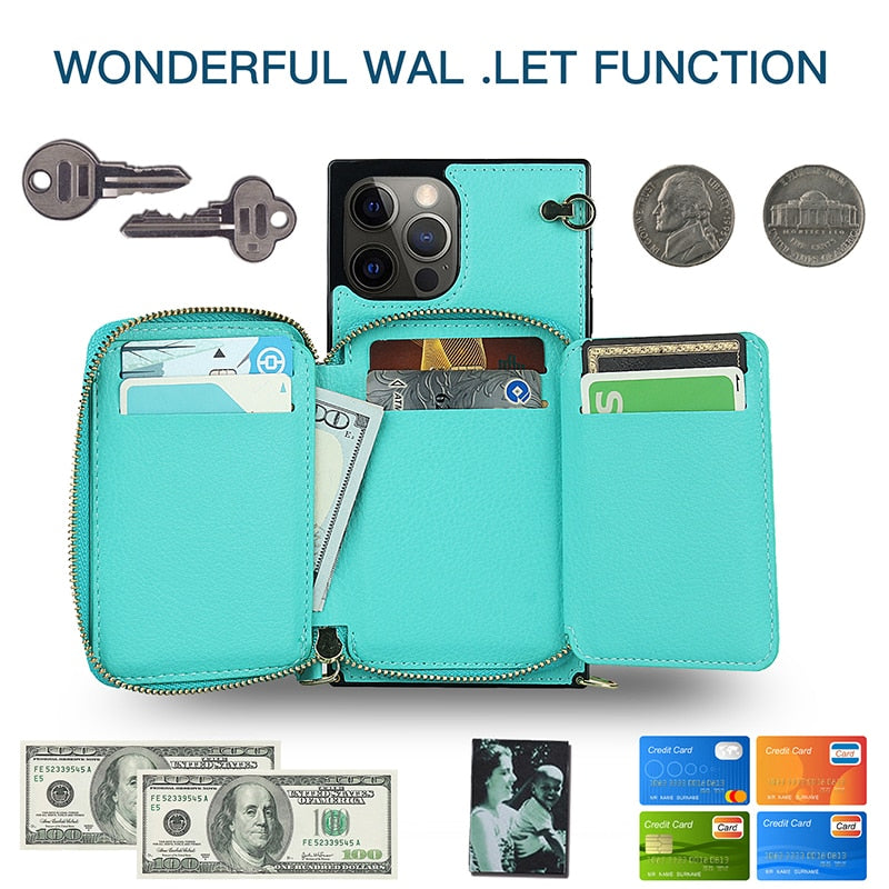 iPhone Zipper Wallet Case with Adjustable Crossbody Strap for iphone