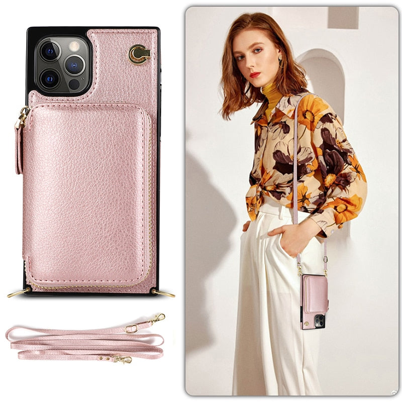 iPhone Zipper Wallet Case with Adjustable Crossbody Strap for iphone