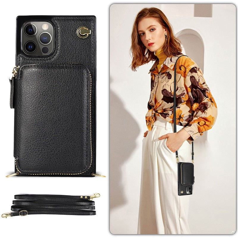 iPhone Zipper Wallet Case with Adjustable Crossbody Strap for iphone