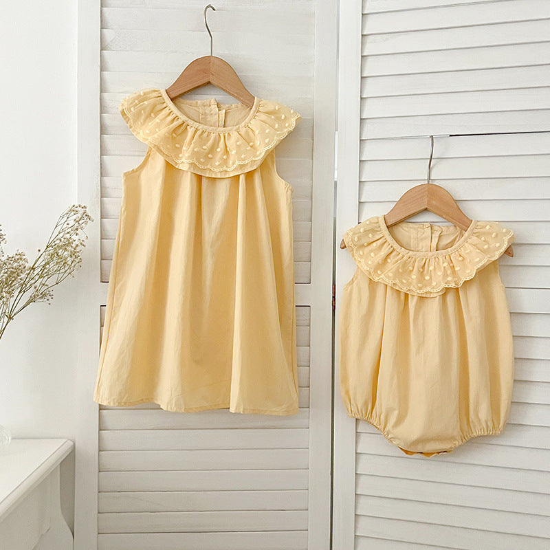 Summer Girls Solid Color Sleeveless Big Collar Onesies And Girls’