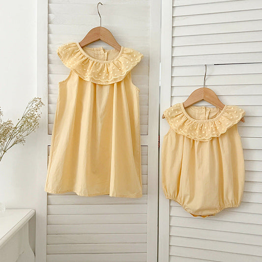 Summer Girls Solid Color Sleeveless Big Collar Onesies And Girls’