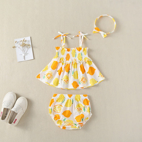 Baby Girl Lemon Fruit Print Sleeveless Dress Combo Short Pants In Sets