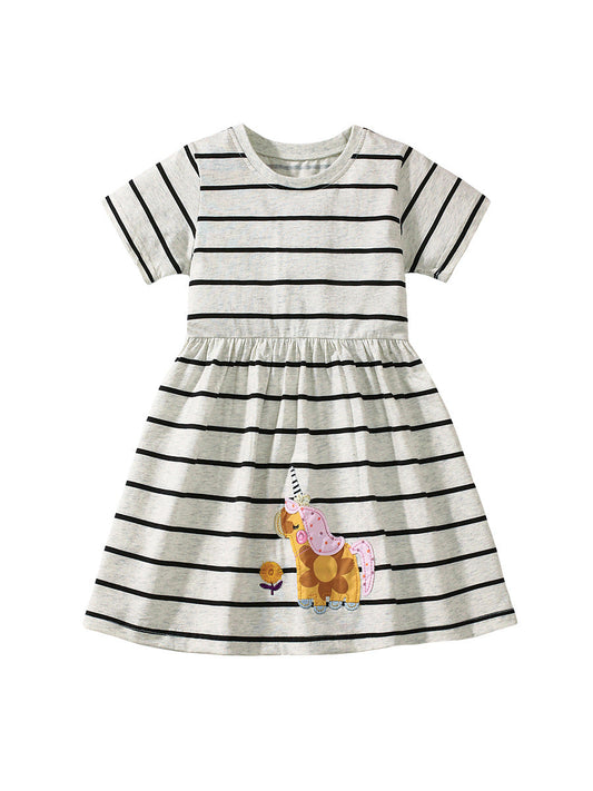 Summer Striped Dress for Girls, European and American Cute Animals