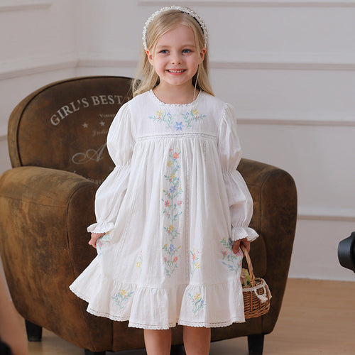 Spring and Autumn Vintage Flowers Embroidered Long-sleeved Dress for