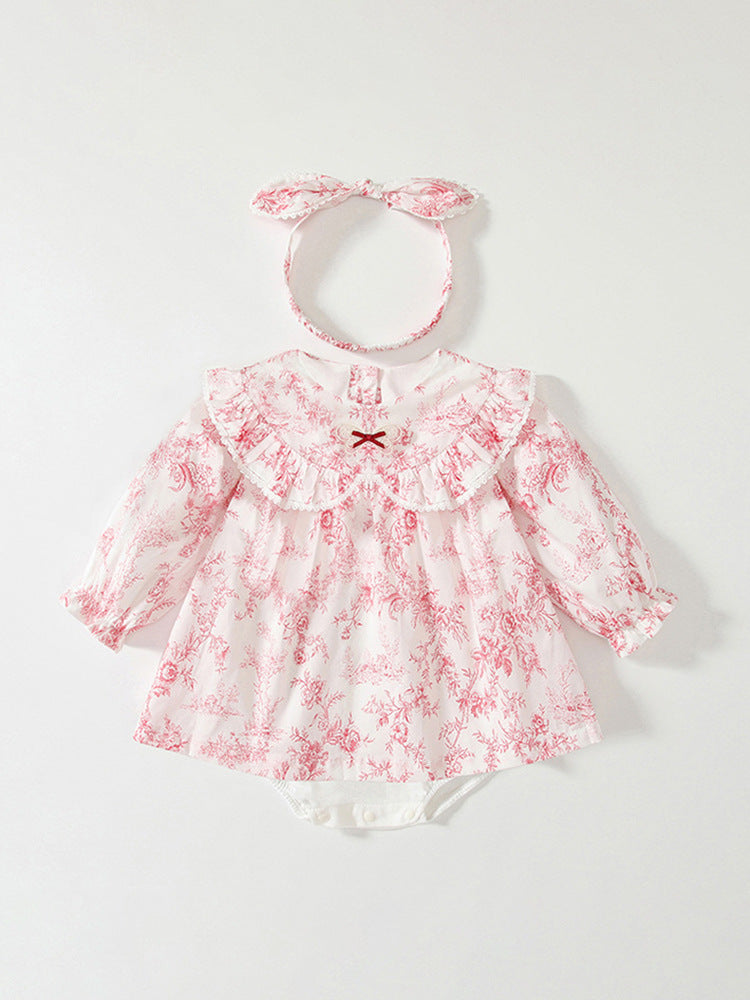 Spring Arrival Baby Girls Flowers Pattern Lace-Trim Peter Pan Collar