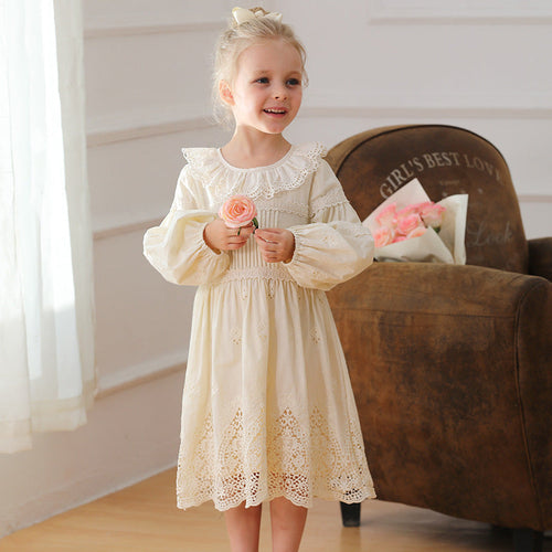 Spring and Autumn Solid Color Long-sleeved Dress with Lace Collar