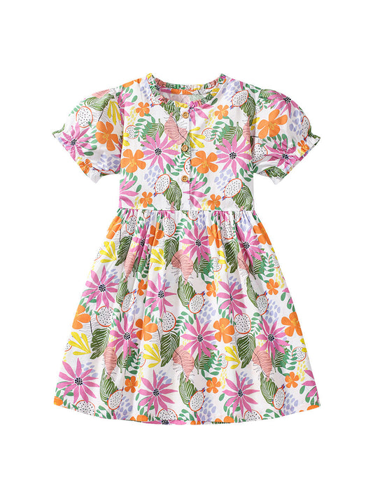 Summer Colorful Floral Dress for Girls, European and American Cute