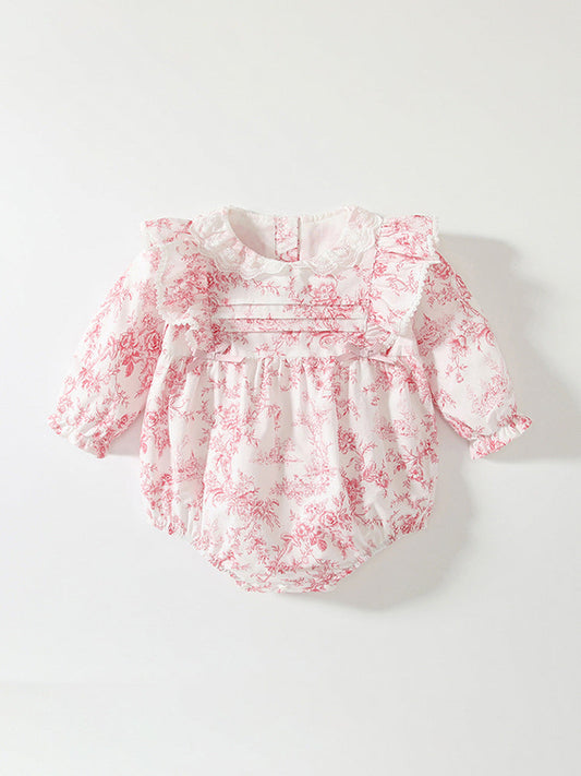 Spring Arrival Baby Girls Flowers Pattern Lace-Trim Collar Onesies